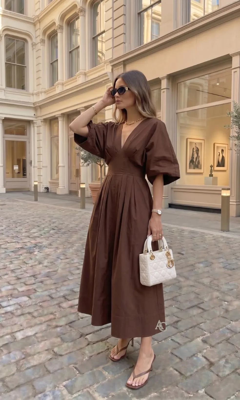 Hnedé midi šaty na jesennú svadbu ako hosťka s elegantnou kabelkou a sandálmi.