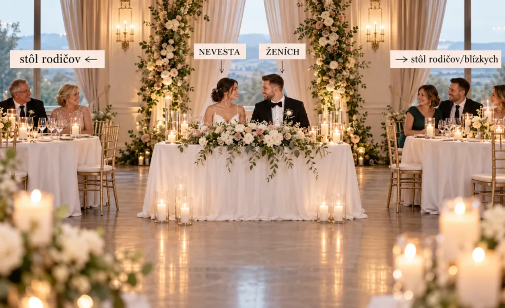 Sweetheart table na svadbe – nevesta a ženích pri samostatnom stole, rodičia a blízki pri susedných stoloch